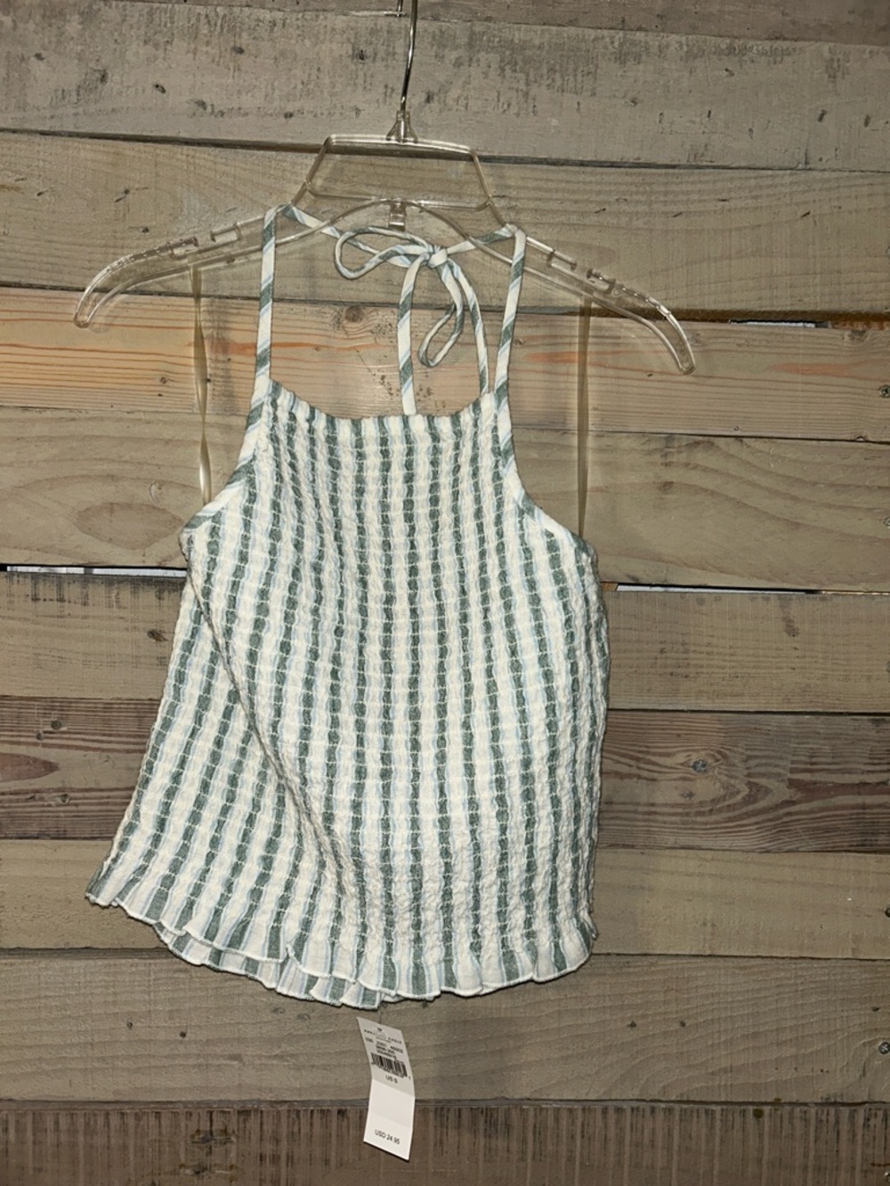American Eagle Outfitters Green and White Striped Tie-Back Halter Cami